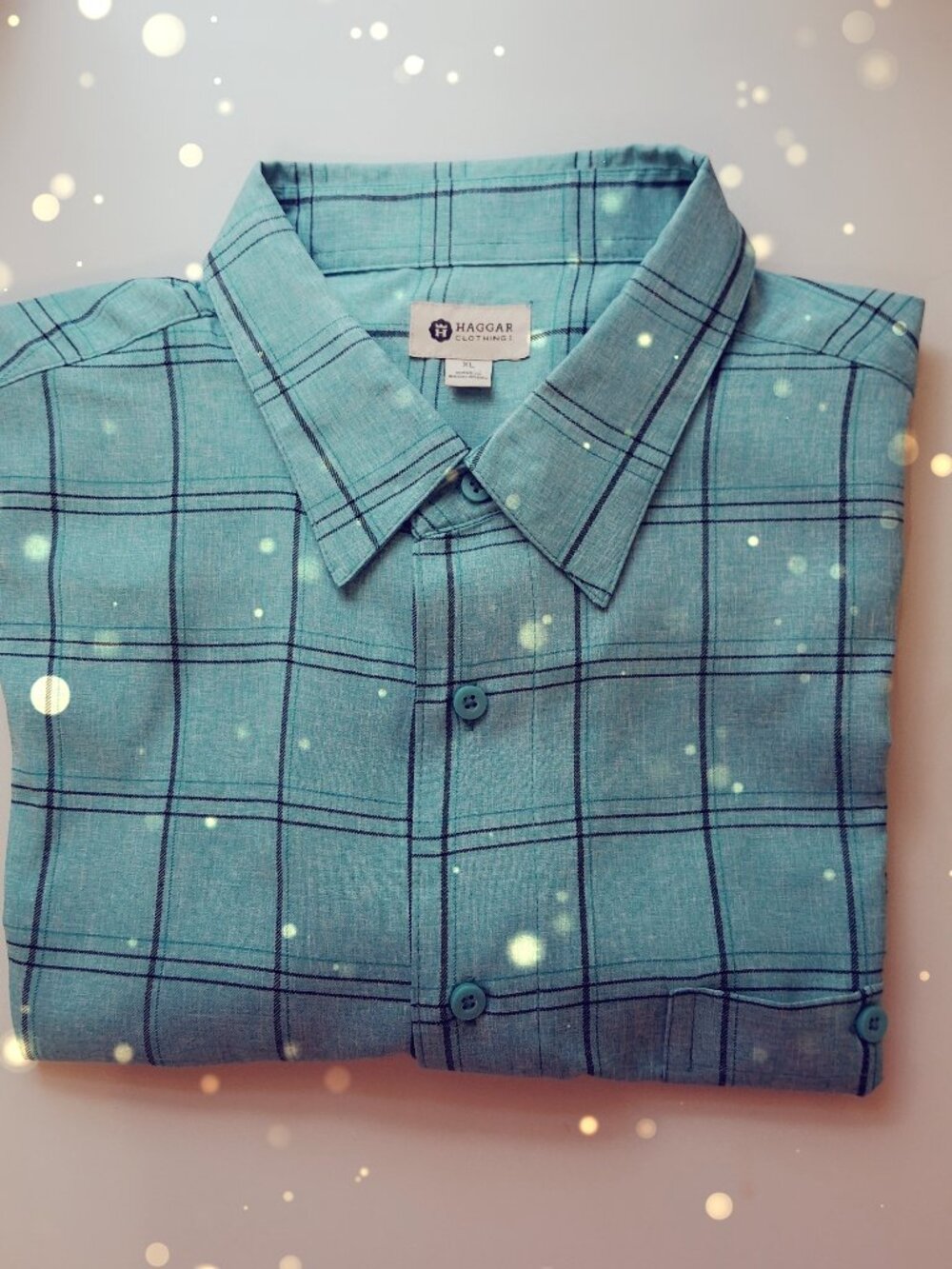 Haggar Men's Short Sleeve Button Up Turquoise/Black Windowpane Plaid Dadcore EUC